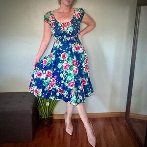 Sara USA Blue w/ Pink Floral Scoop-Neck Off Shoulder Stretch Waist Swing Dress